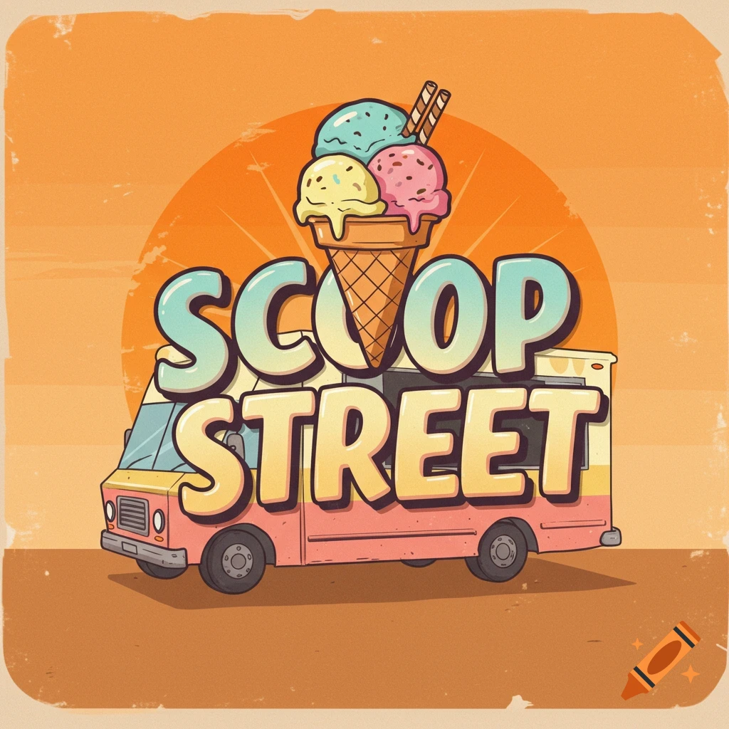 Illustrated logo for an ice cream food truck named Scoop Street with a large ice cream cone.