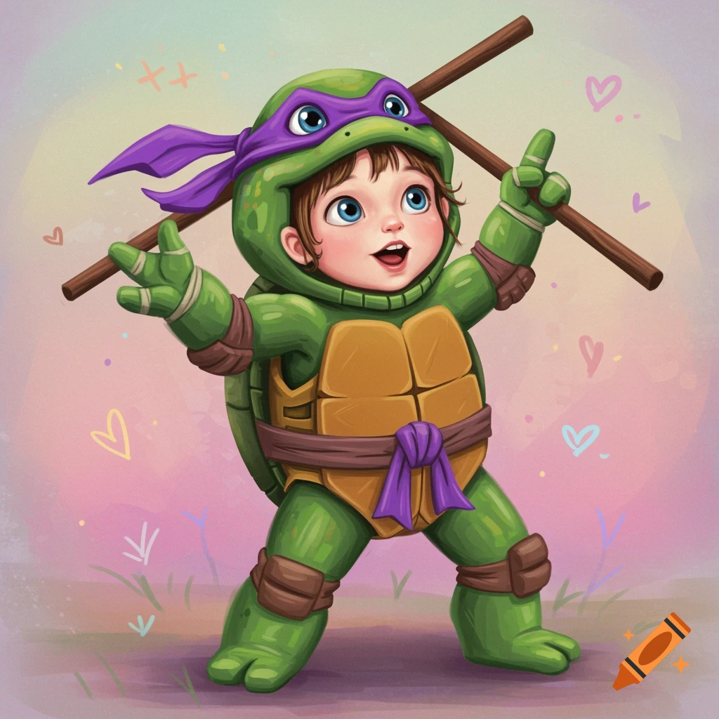 A toddler girl in a green turtle costume with a purple mask, holding a staff. Vibrant, whimsical style.