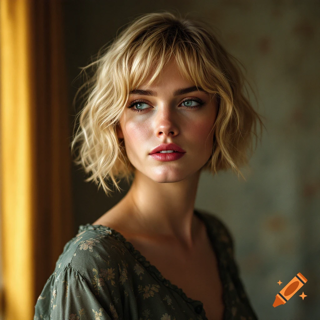 Close-up photorealistic portrait of a young woman with short blonde hair and blue eyes wearing a floral dress.