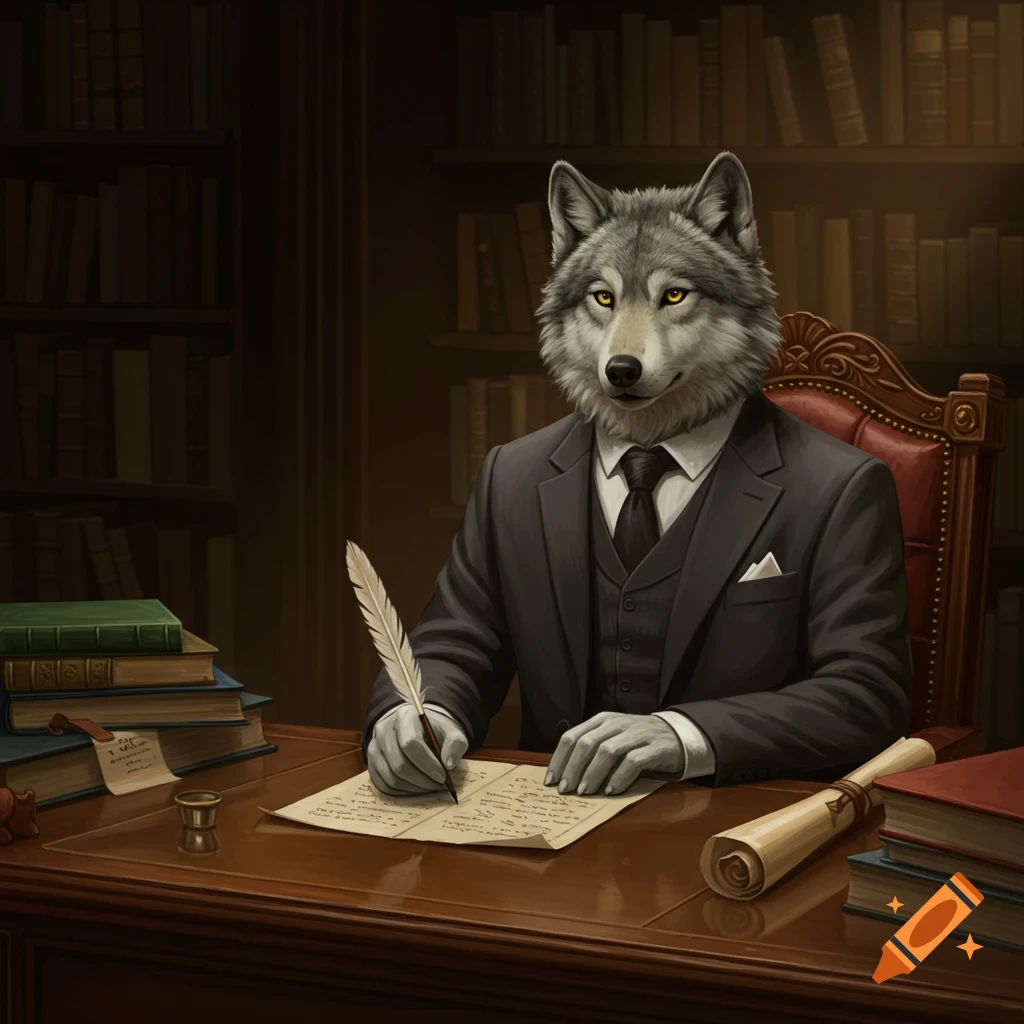 An anthropomorphic wolf in a suit writes with a feather quill at a desk in a library.