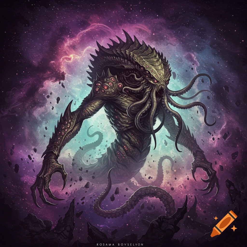 A monstrous eldritch creature with tentacles and many eyes against a cosmic nebula background.