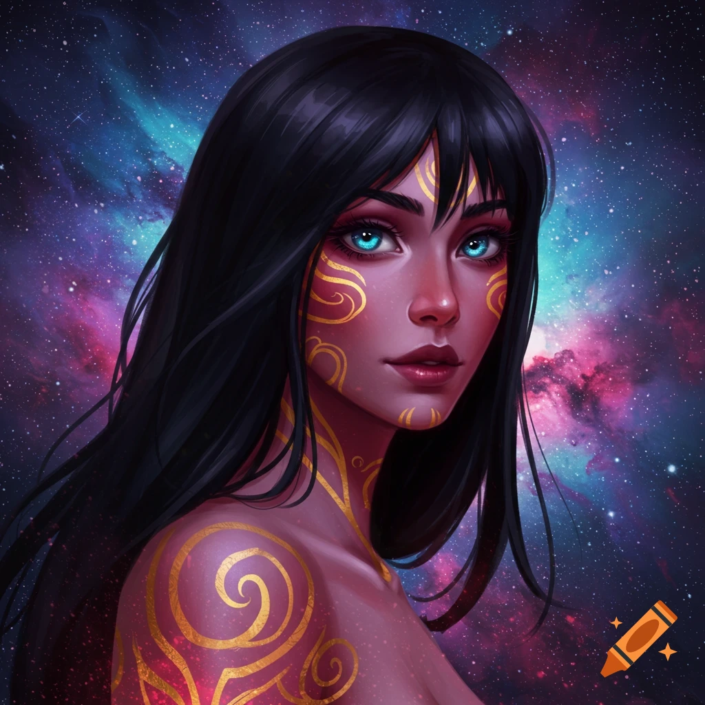 A woman with red skin, gold markings, blue eyes, and black hair is depicted against a galaxy background.
