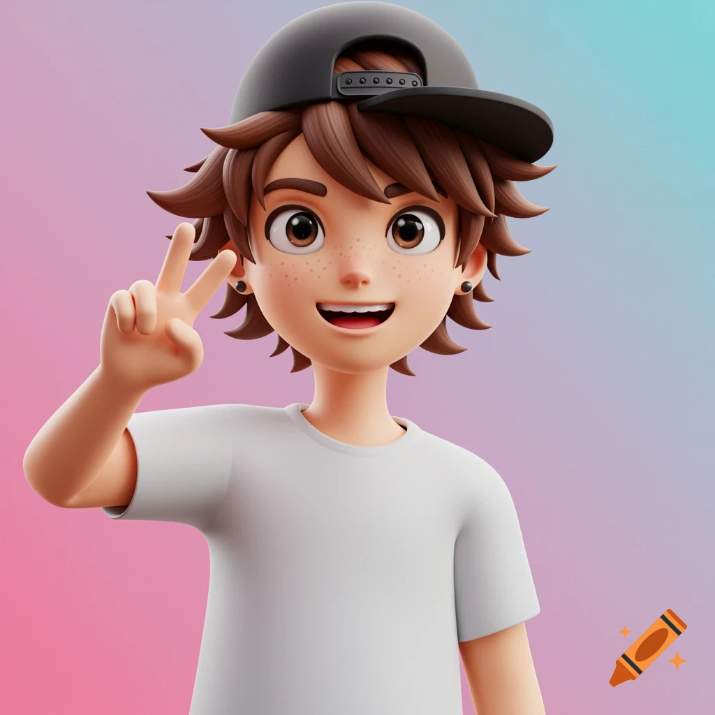 3D rendering of a cartoon boy with a backwards black cap and white t-shirt making a peace sign.