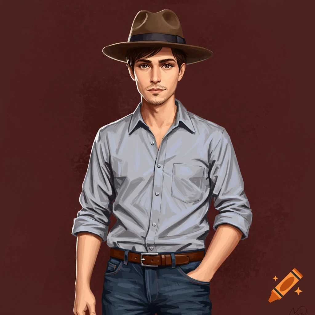 A man in a fedora, blue shirt, and jeans, with his hand in his pocket.