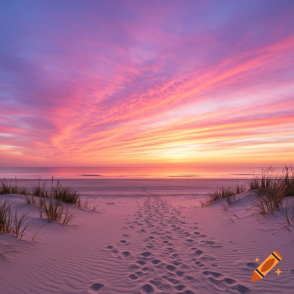 Footprints in the sand lead towards a beautiful pink and purple sunrise over the ocean.