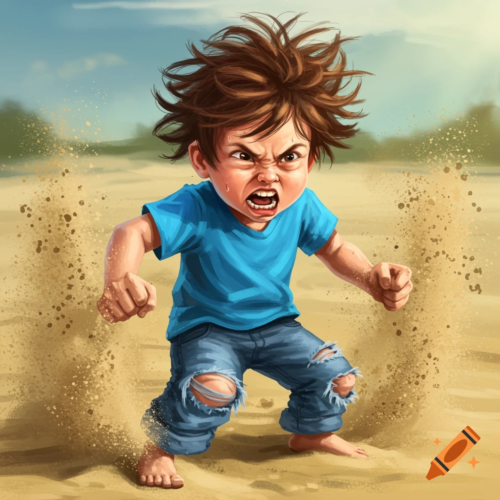 An angry child pounds sand on a beach.