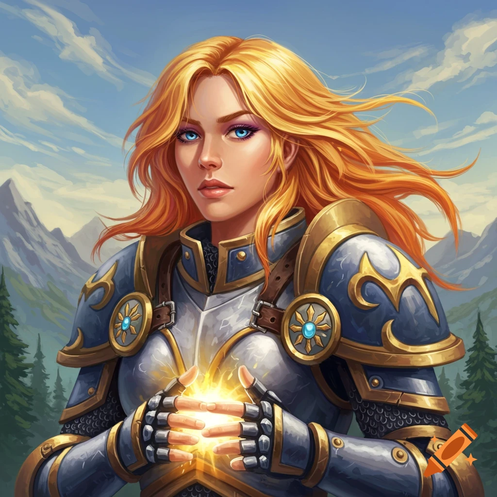 A female paladin in fantasy armor casts a spell with glowing hands, mountains in background.