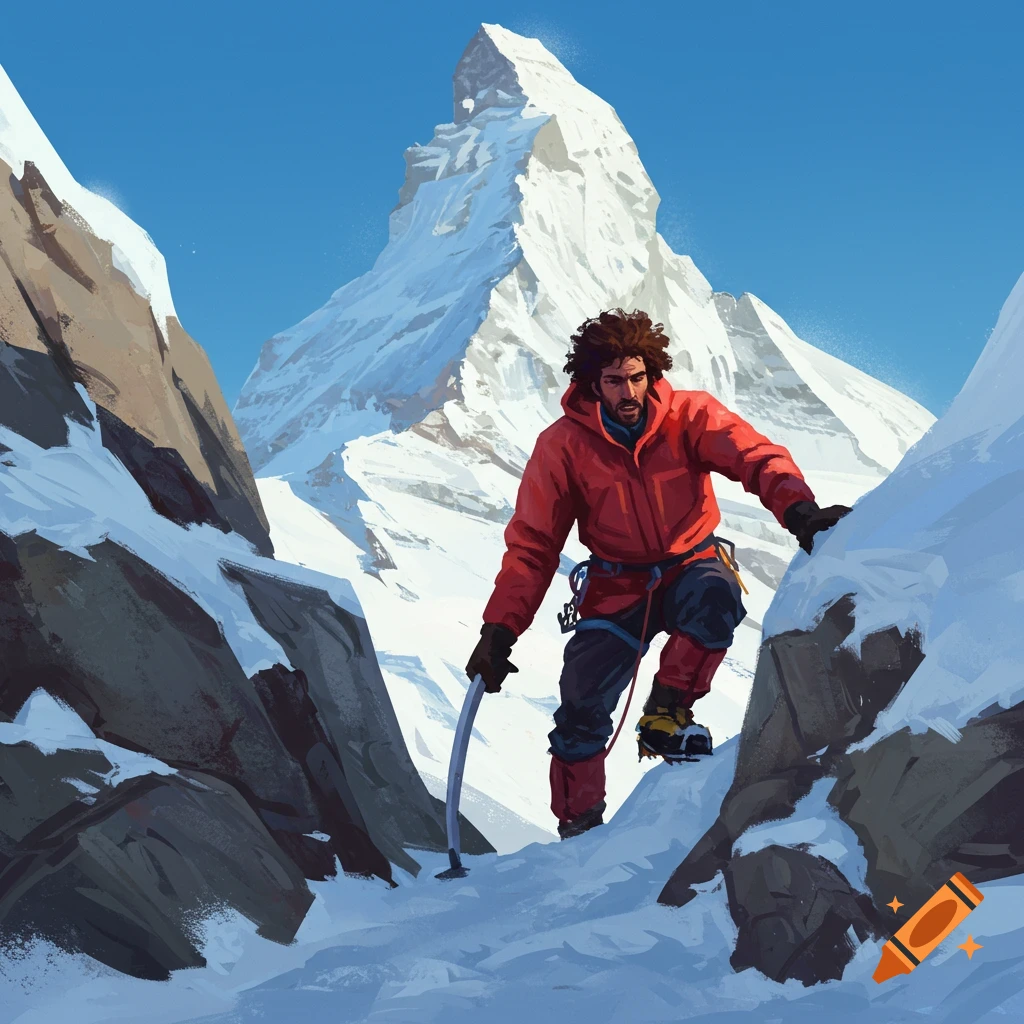 a man climbing a snowy mountain peak