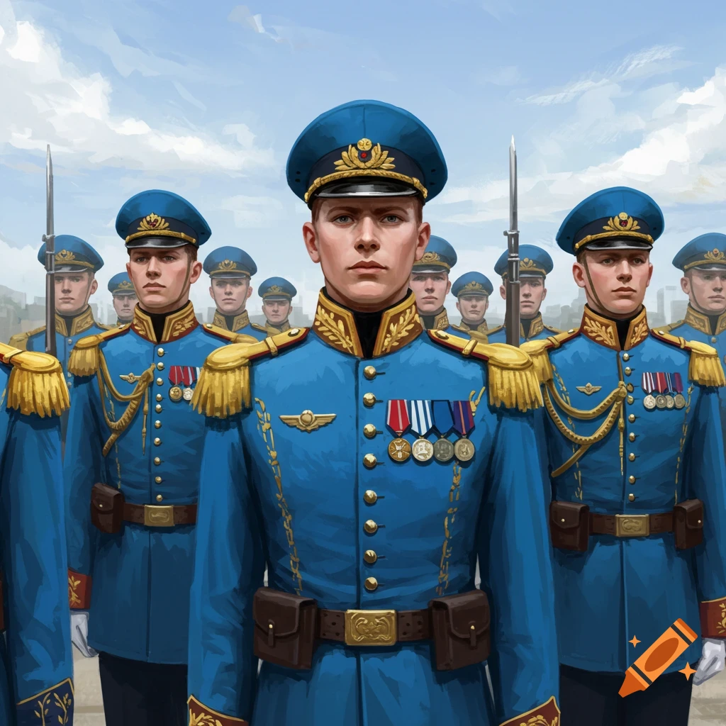 Men in blue military uniforms standing in a line