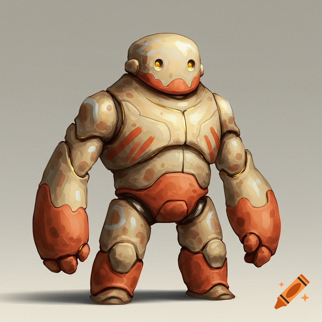 A cute robot that looks like it is made of clay with orange accents.