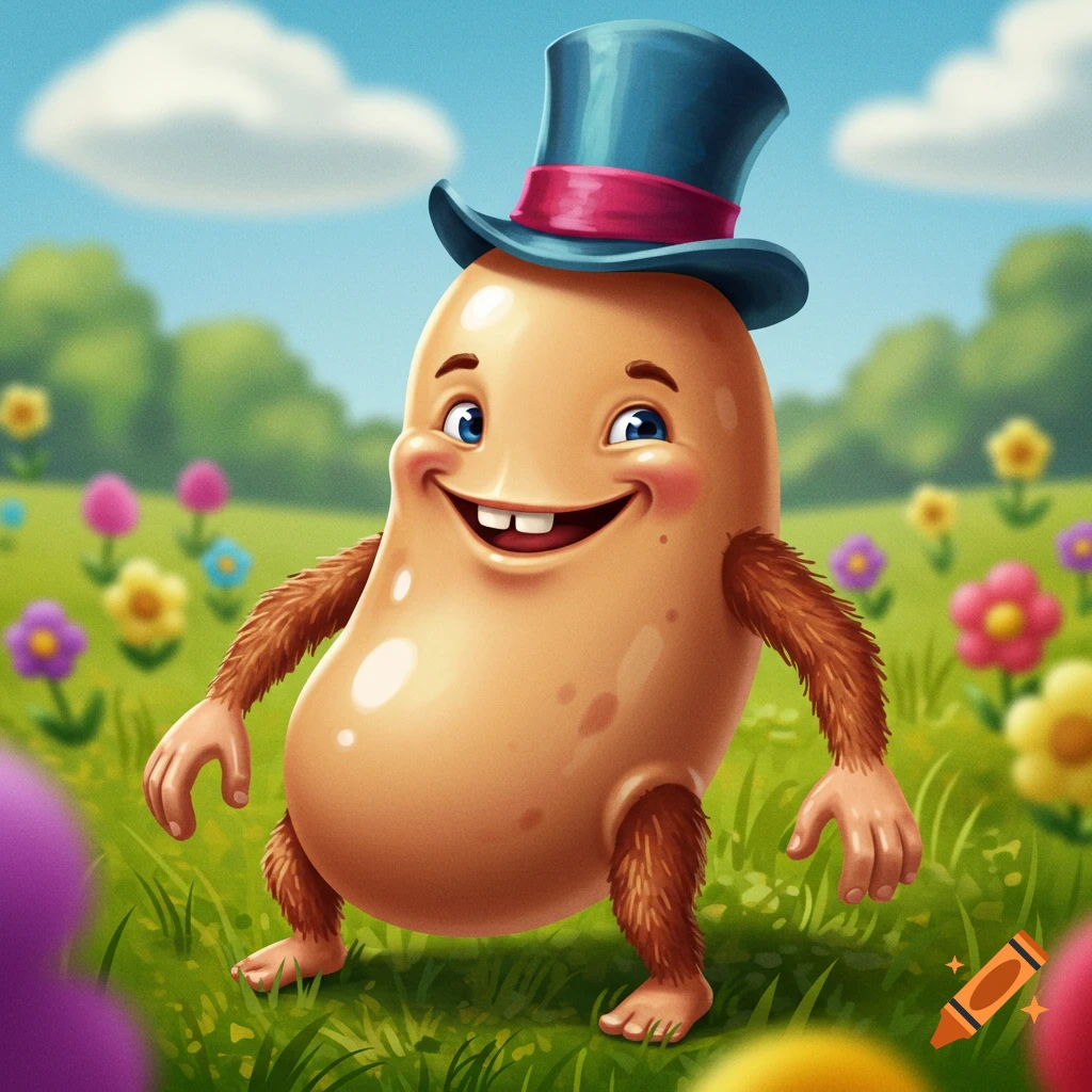 Cartoon potato character with a top hat and hairy limbs stands in a flower field.