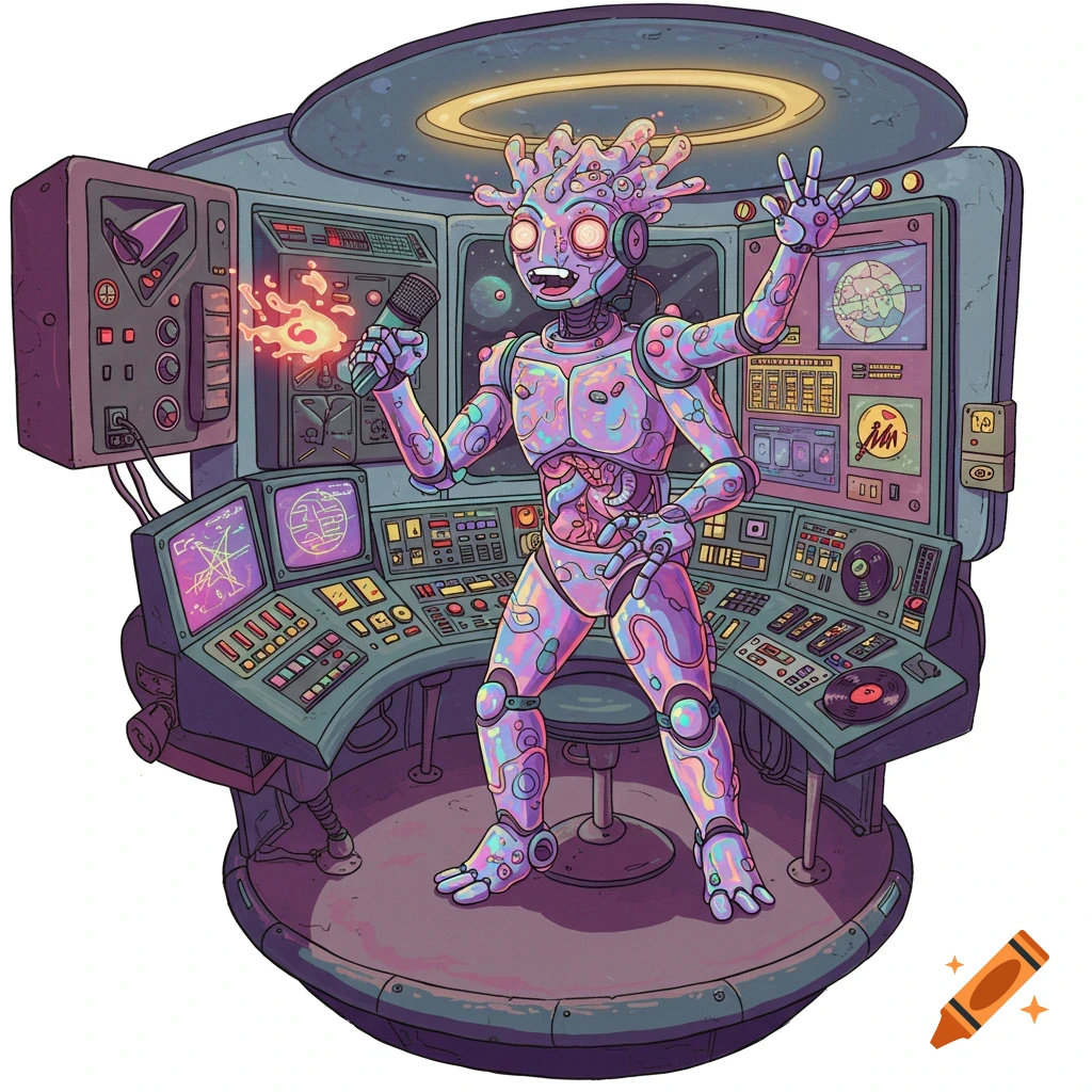 Cartoon cyborg DJing in a retro-futuristic spaceship radio studio