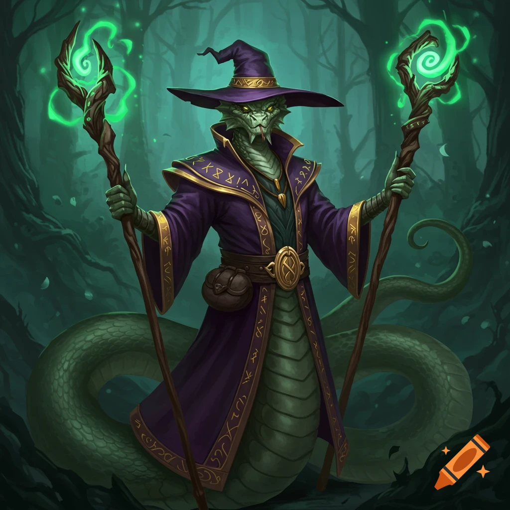 A snake creature dressed as a wizard holds two glowing staffs in a dark forest.