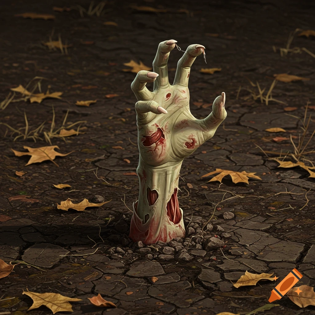 A ghoulish zombie hand emerges from cracked earth with fallen leaves.