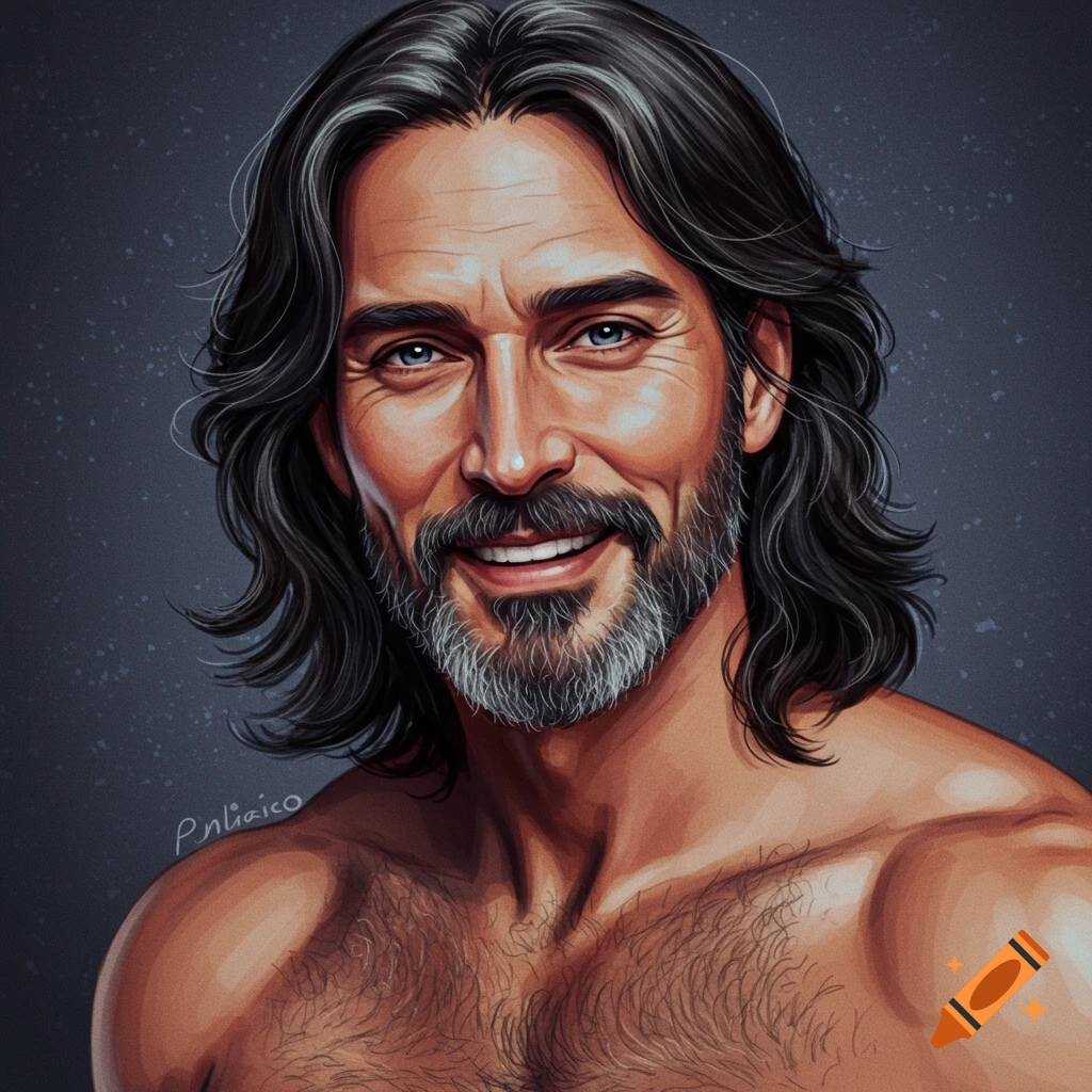 Portrait of a smiling man with long dark and gray hair, beard, bare ...