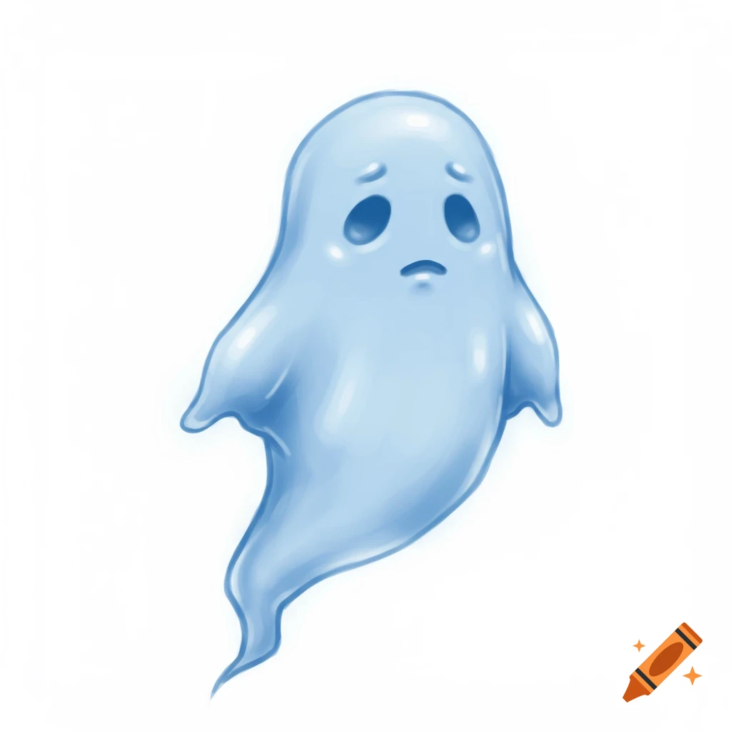 A sad light blue ghost floating on a white background.