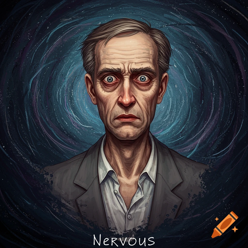 A man with a nervous expression against a swirling background. Text reads 'Nervous'.