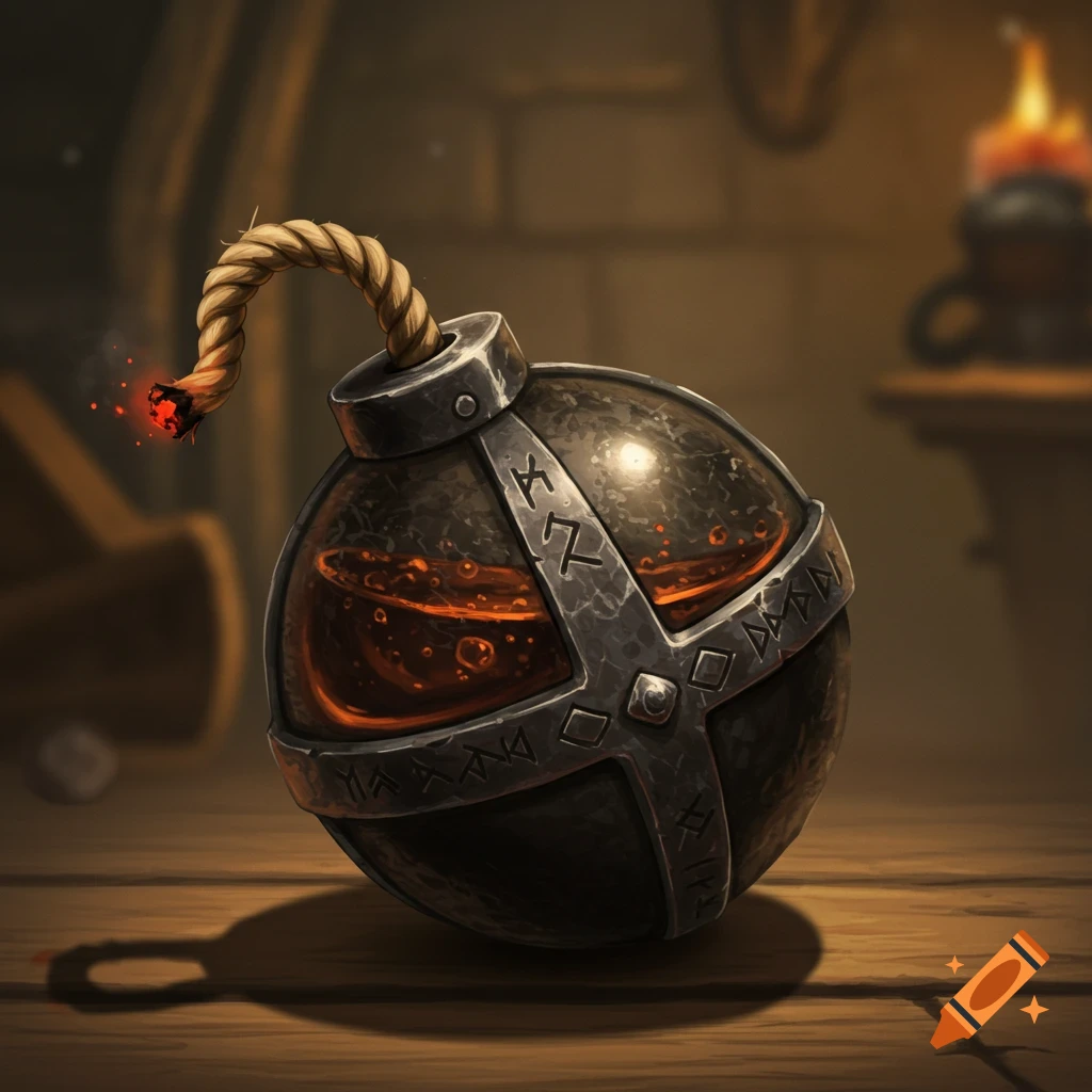 A medieval fantasy bomb with a lit fuse sits on a wooden table.