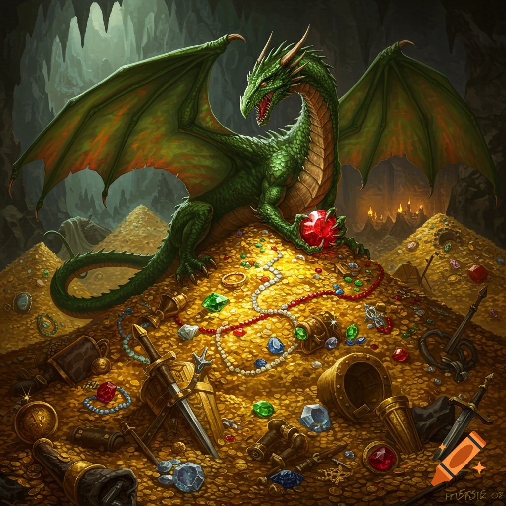 A green dragon on a large pile of gold and gems in a cave.