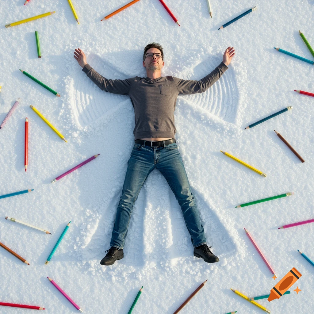 A man lies on his back in the snow, making a snow angel, surrounded by scattered colored pencils.