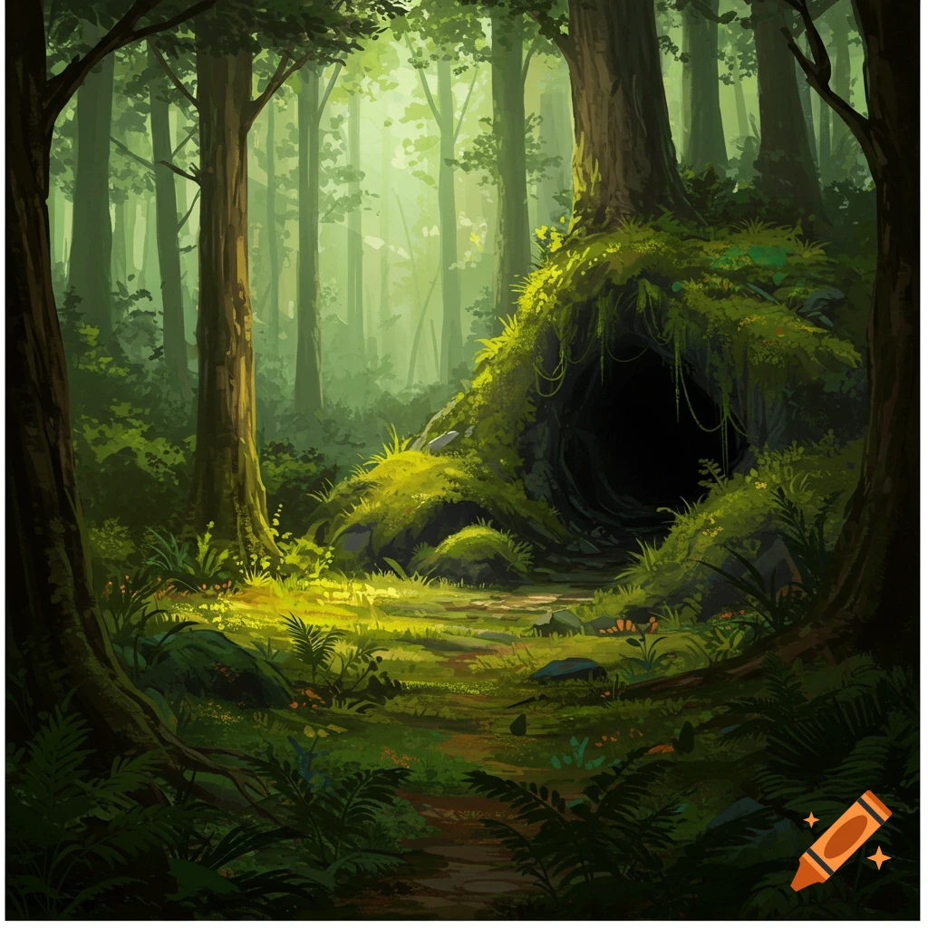 A sunlit forest path leads towards a dark cave entrance on the right.