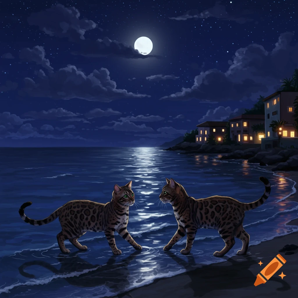 Two Bengal cats on a beach at night under a full moon, with buildings on the shore.