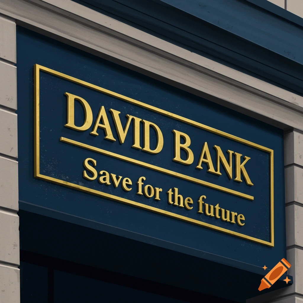 A close-up of a blue sign on a building that reads "DAVID BANK Save for the future" in gold letters.