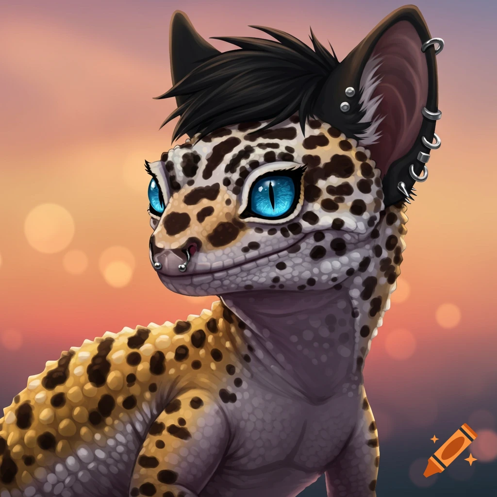 A leopard gecko character with blue eyes and piercings.