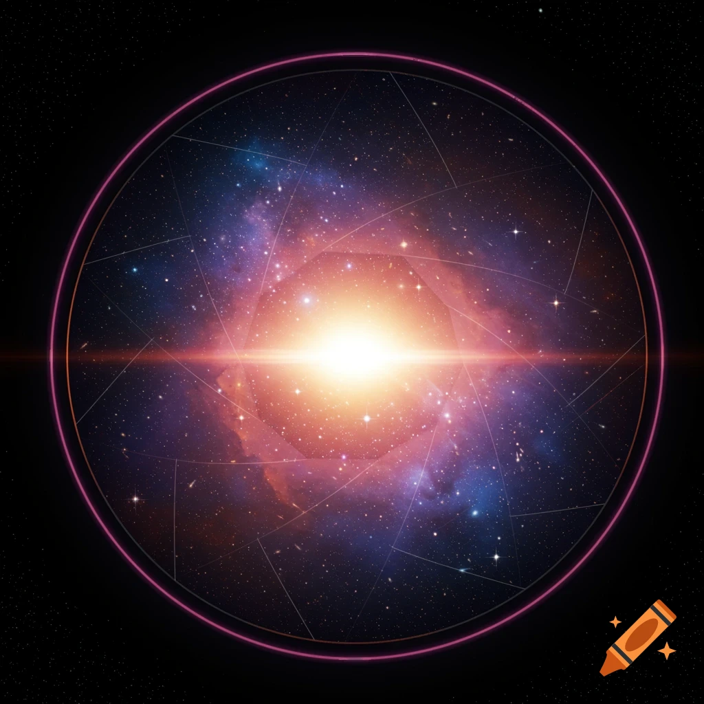 A glowing galaxy or nebula viewed through a lens or aperture effect, digital art