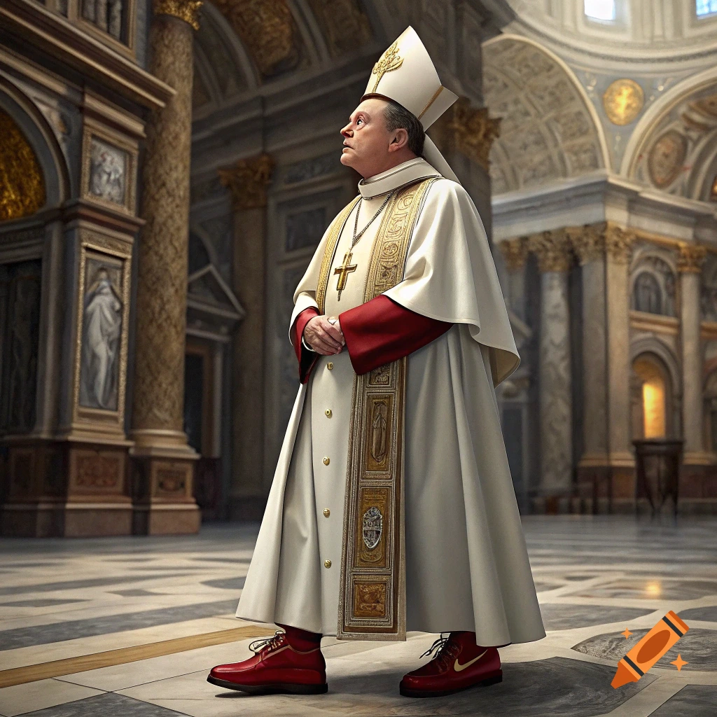 A man resembling Elon Musk is dressed as the pope, standing in a grand cathedral, looking upwards. He wears a papal robe and red shoes with logos.