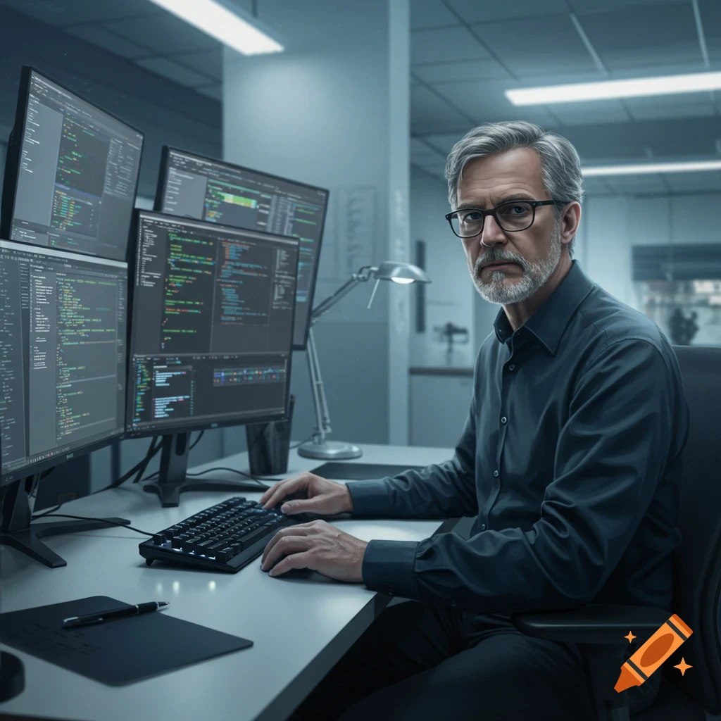 A man works at multiple computer monitors in an office.