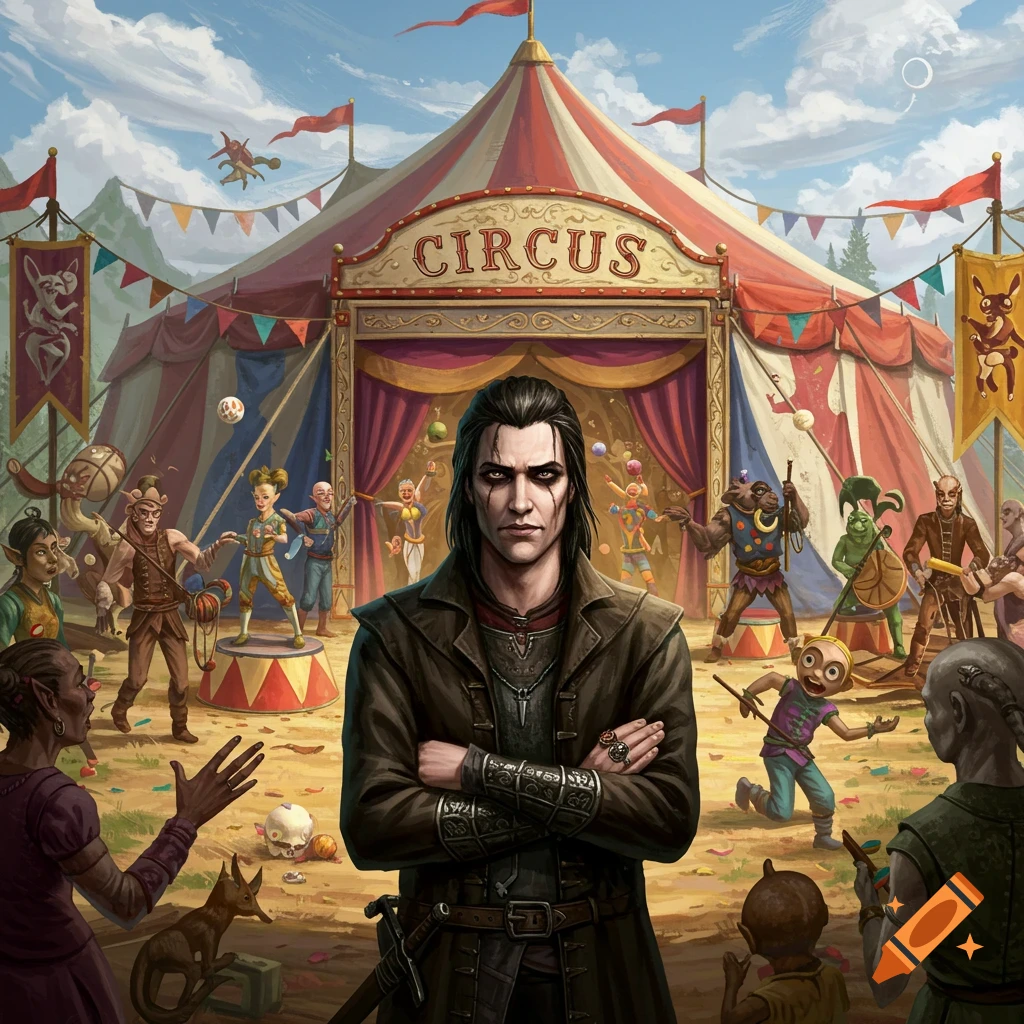 A character resembling Cicero from Skyrim stands in front of a bustling circus tent filled with other circus performers and an audience.
