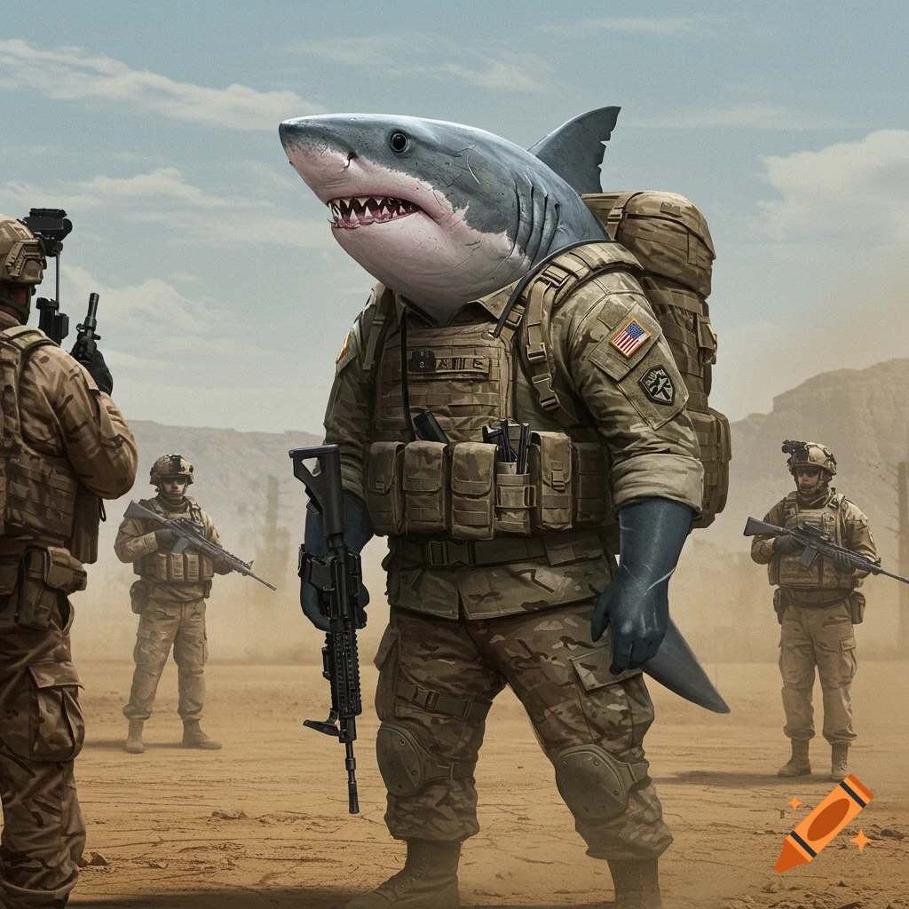 A shark-headed soldier stands in a desert with other soldiers.