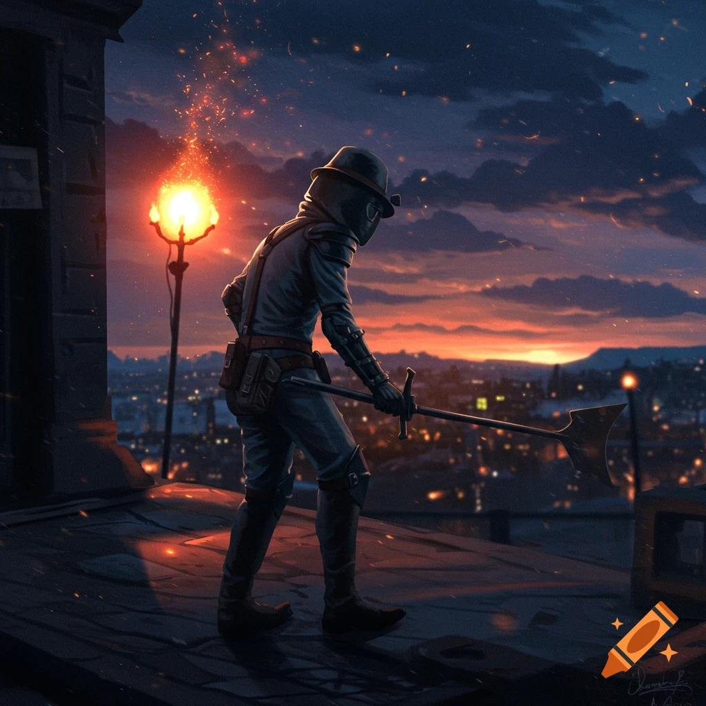 A figure with a weapon and torch stands on a rooftop overlooking a city at sunset.