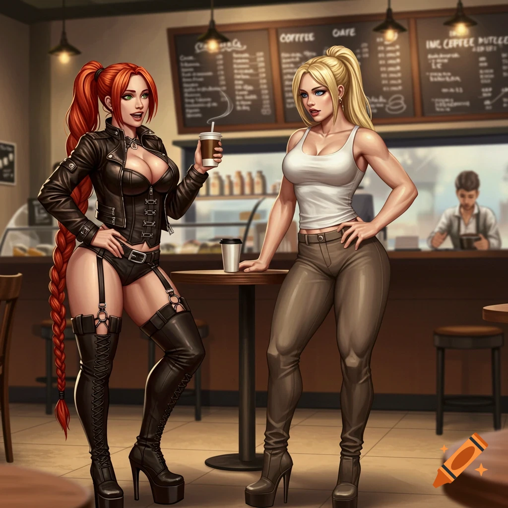 Two stylized women, a redhead and a blonde, are in a coffee shop.