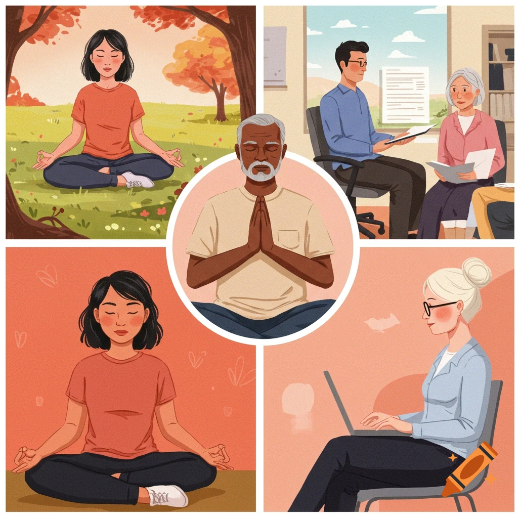 Illustration showing people meditating outdoors, a man consulting with an older woman, an older man meditating, and a woman working on a laptop.