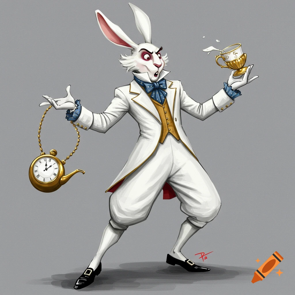 A stylized White Rabbit in a suit holding a pocket watch and teacup.