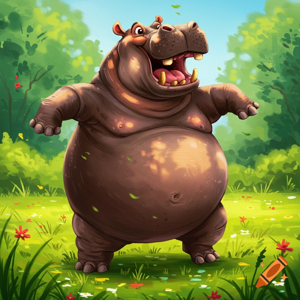 A happy cartoon hippo dancing in a grassy field.