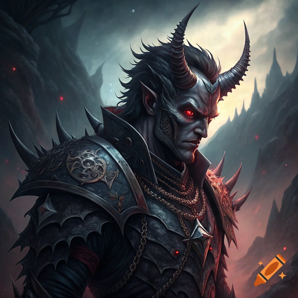 Close-up portrait of a dark fantasy demon with horns, red eyes, and intricate armor.
