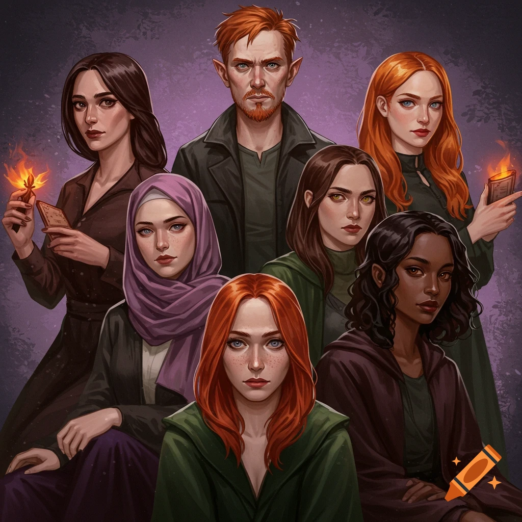 A diverse group of seven fantasy characters, including witches and a warlock, some holding glowing cards.