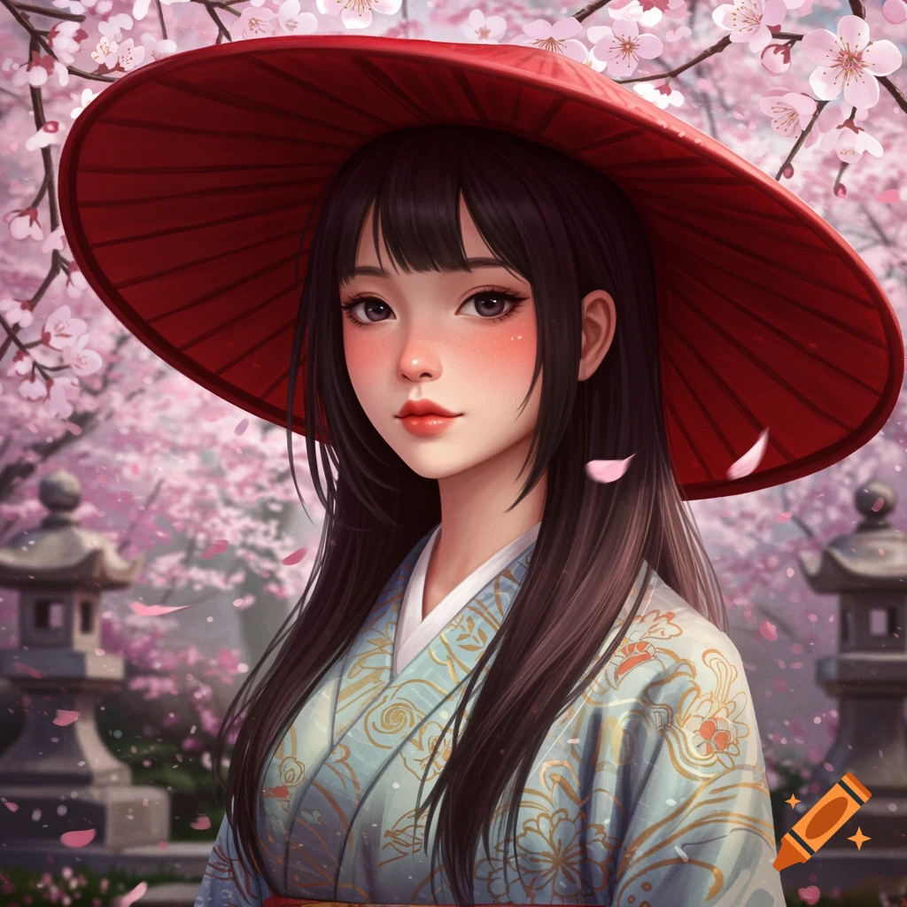 Digital art portrait of a Japanese girl in a red hat and kimono among cherry blossoms.