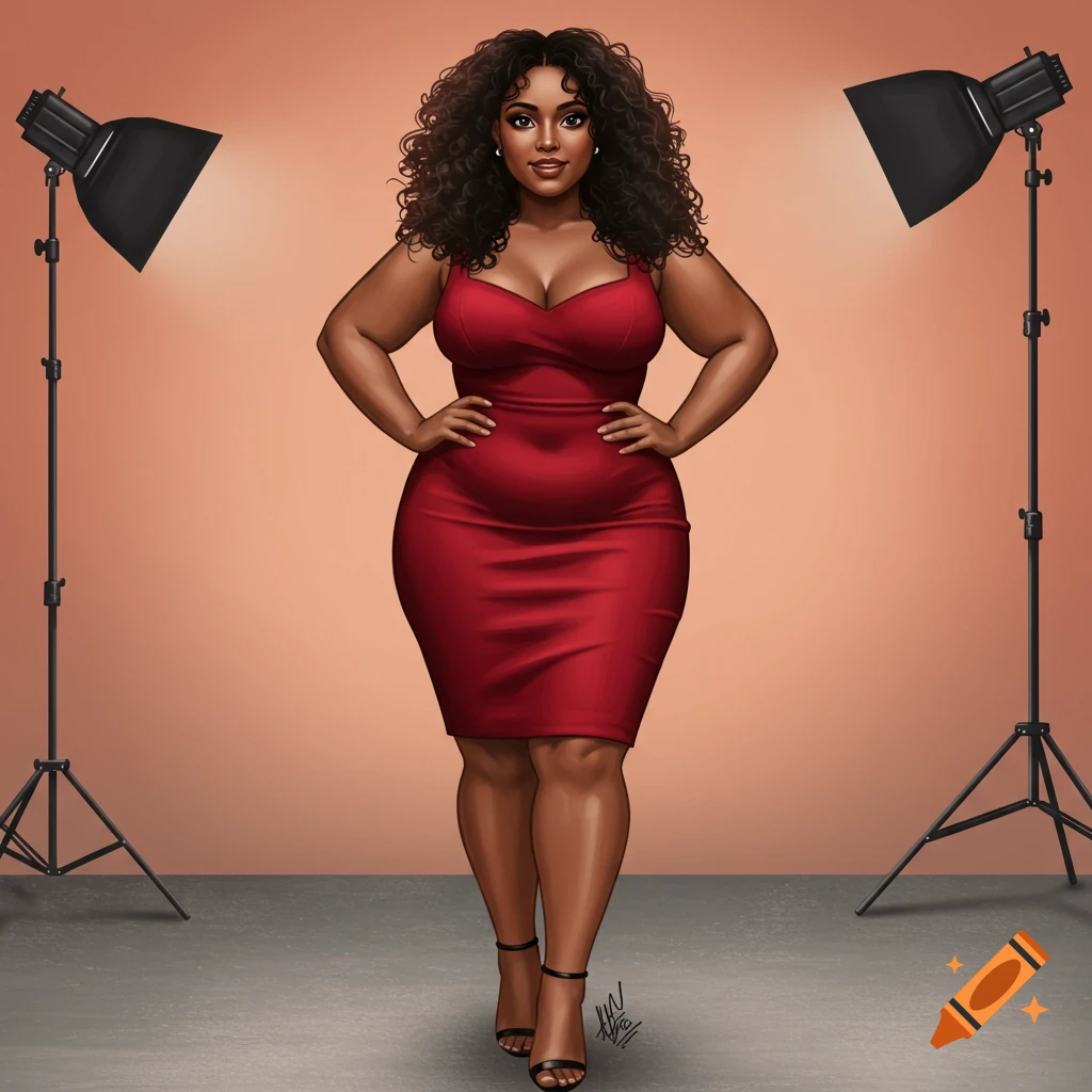 Image of a curvy woman in a red dress posing in a studio.