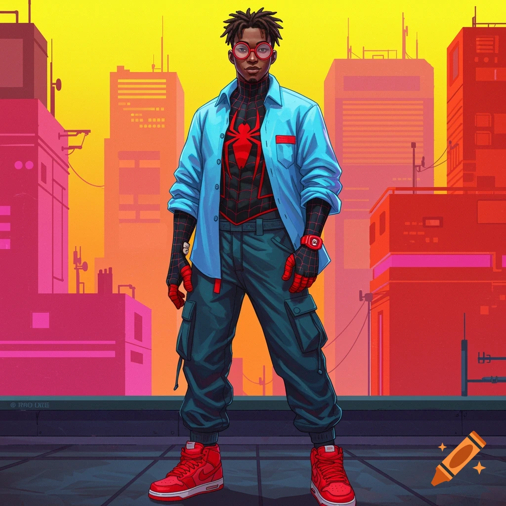 A futuristic Spider-Man character in a light blue shirt, cargo pants, and red sneakers on a cyberpunk rooftop.