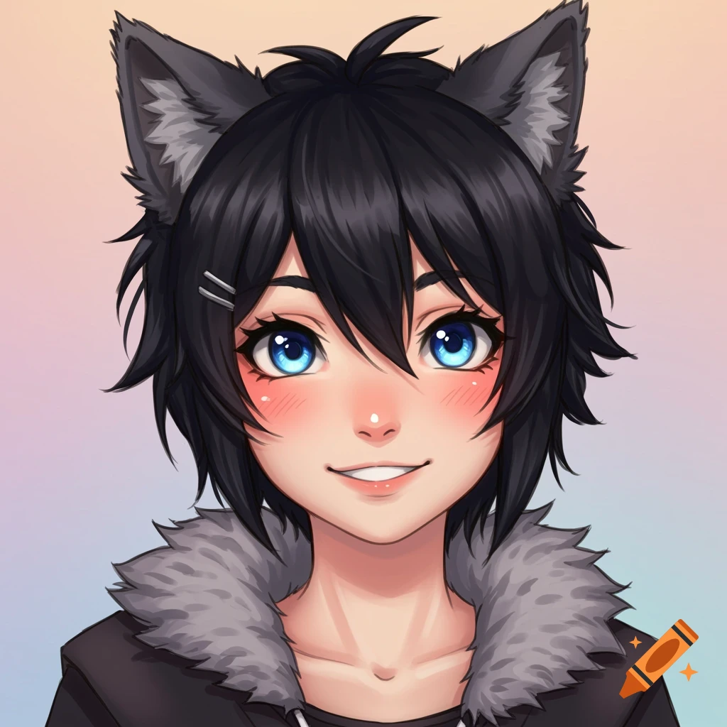 Anime portrait of a smiling wolf girl with blue eyes and dark hair, wearing a fur collar.