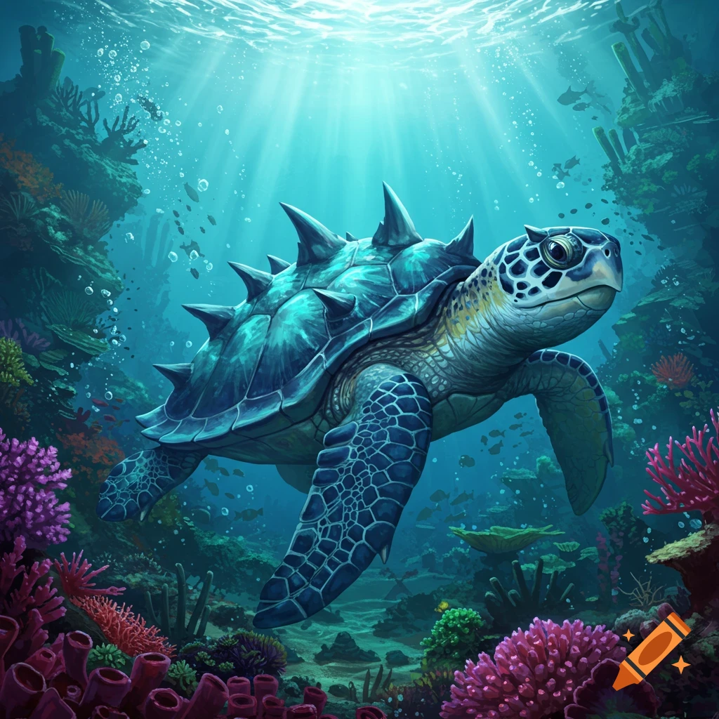 A blue turtle with a spiked shell swims through a vibrant coral reef.