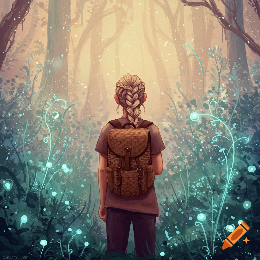 A person with a backpack looks into a misty forest with glowing plants.