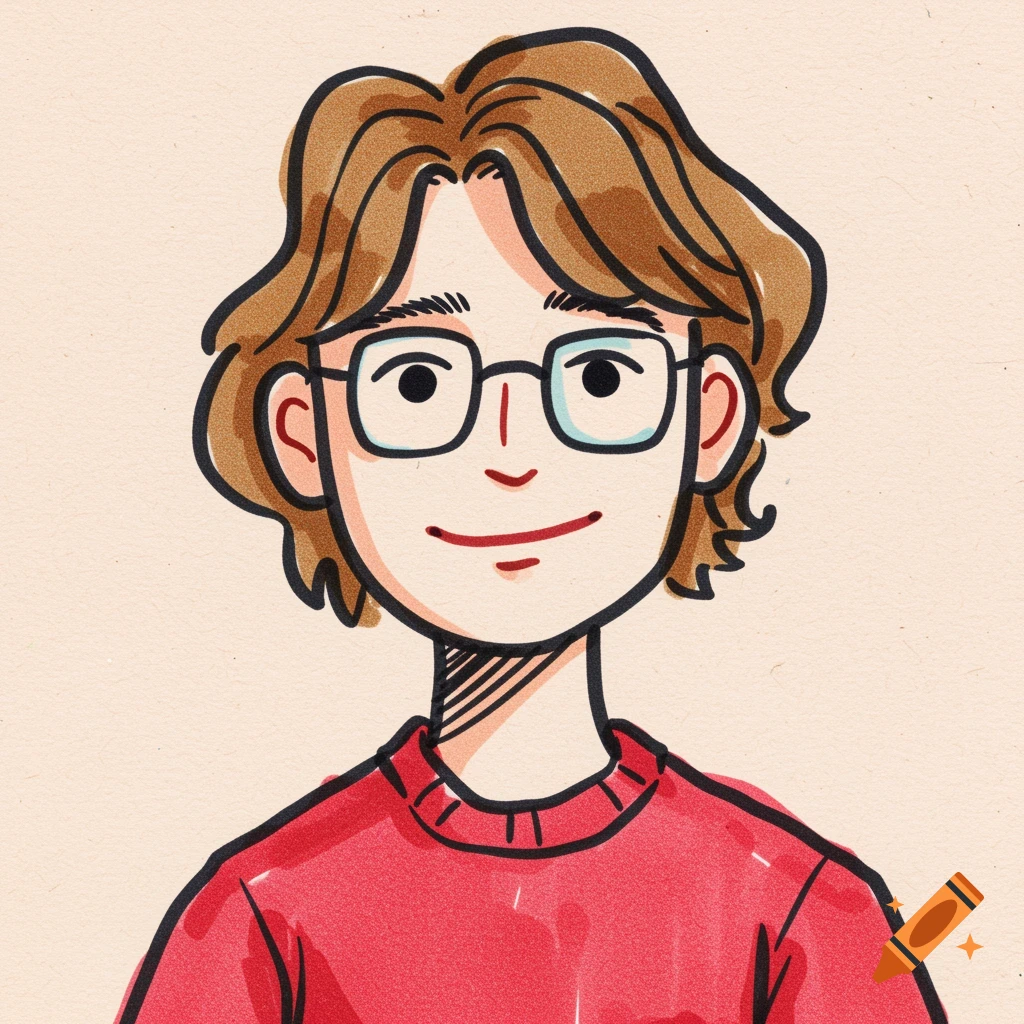 Cartoon portrait of a person with brown hair, glasses, and red sweater in a marker drawing style.