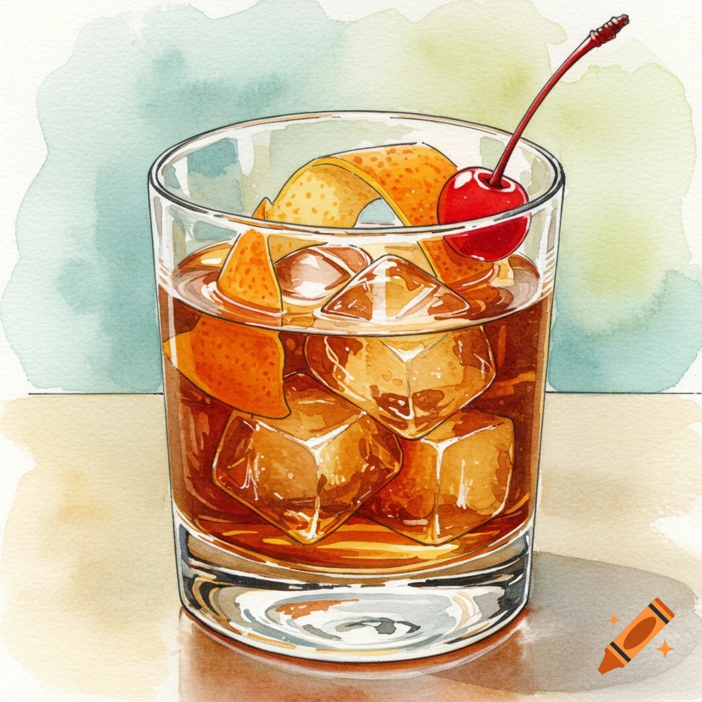 Watercolor old fashioned cocktail with ice, orange peel, and cherry garnish.