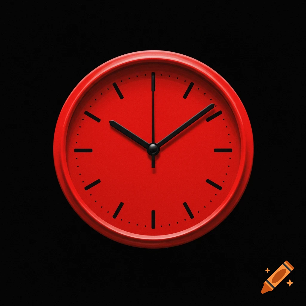 A red clock with black hands and markers on a black background, showing 6:19.