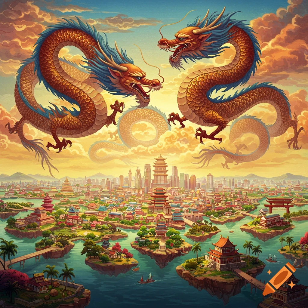 Two large dragons fly over a fantastical city built on islands in the sky at sunset.